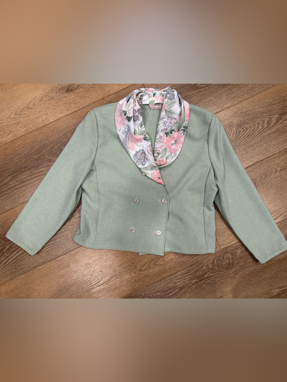 Vtg TanJay Pastel Mint DoubleBreasted Blazer Floral Scarf Collar 10p Cottagecore